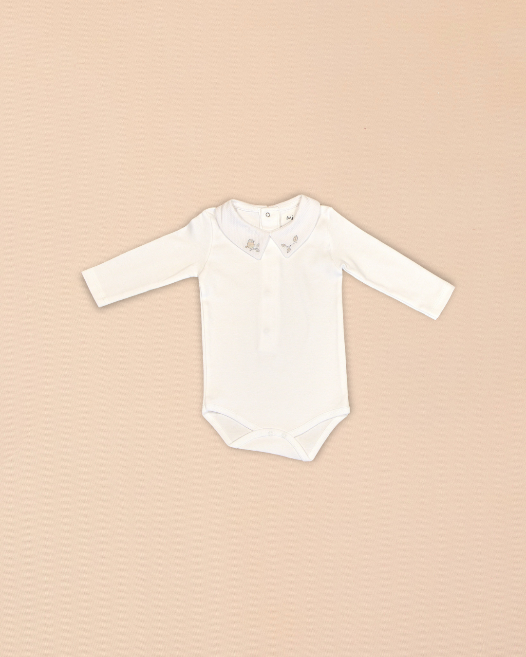 White Baby Bodysuit with Peter Pan Collar & Bird Embroidery
