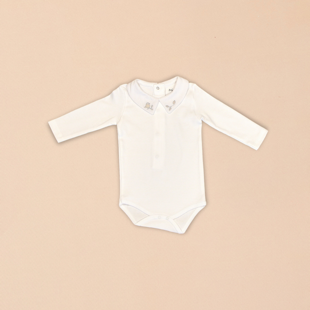 White Baby Bodysuit with Peter Pan Collar & Bird Embroidery