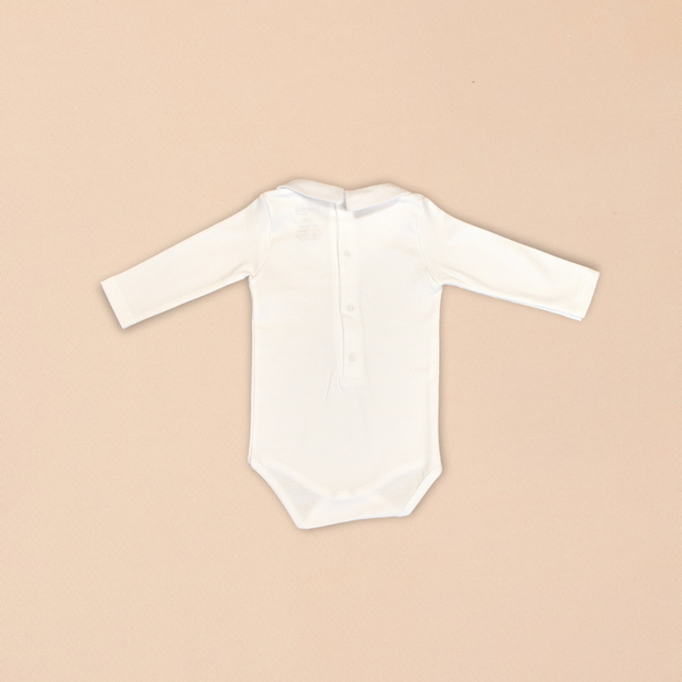 White Baby Bodysuit with Peter Pan Collar & Bird Embroidery