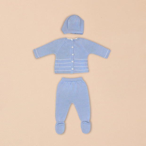 Sky Knit Sweater Set with Footed Pants & Bonnet