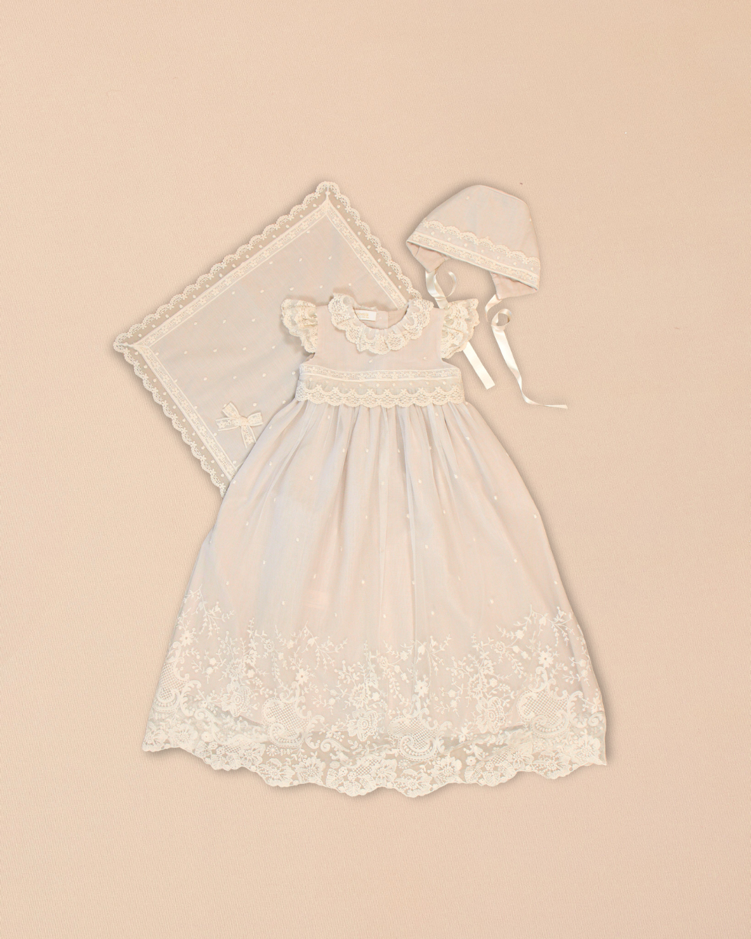 Diana Baptismal Set - Gown with Lace, Matching Bonnet & Burp Towel