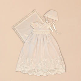 Diana Baptismal Set - Gown with Lace, Matching Bonnet & Burp Towel