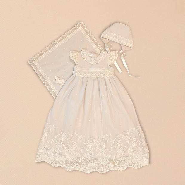 Diana Baptismal Set - Gown with Lace, Matching Bonnet & Burp Towel