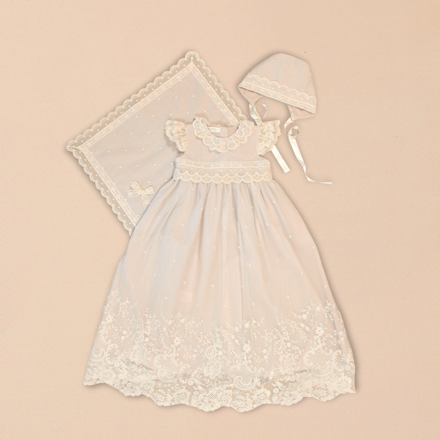 Diana Baptismal Set - Gown with Lace, Matching Bonnet & Burp Towel
