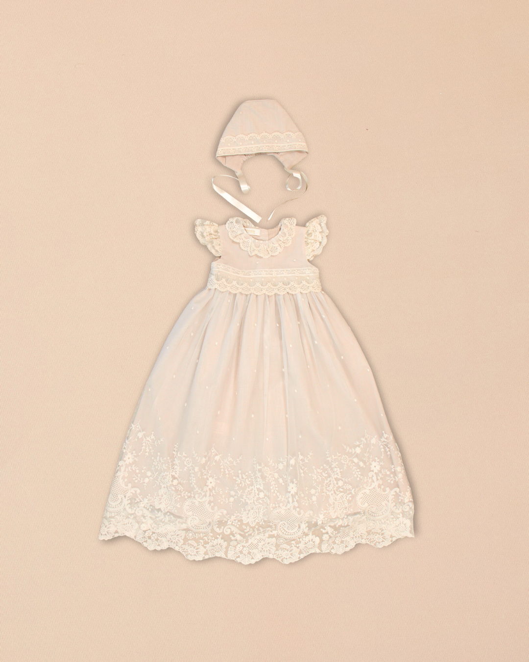 Diana Baptismal Set - Gown with Lace, Matching Bonnet & Burp Towel