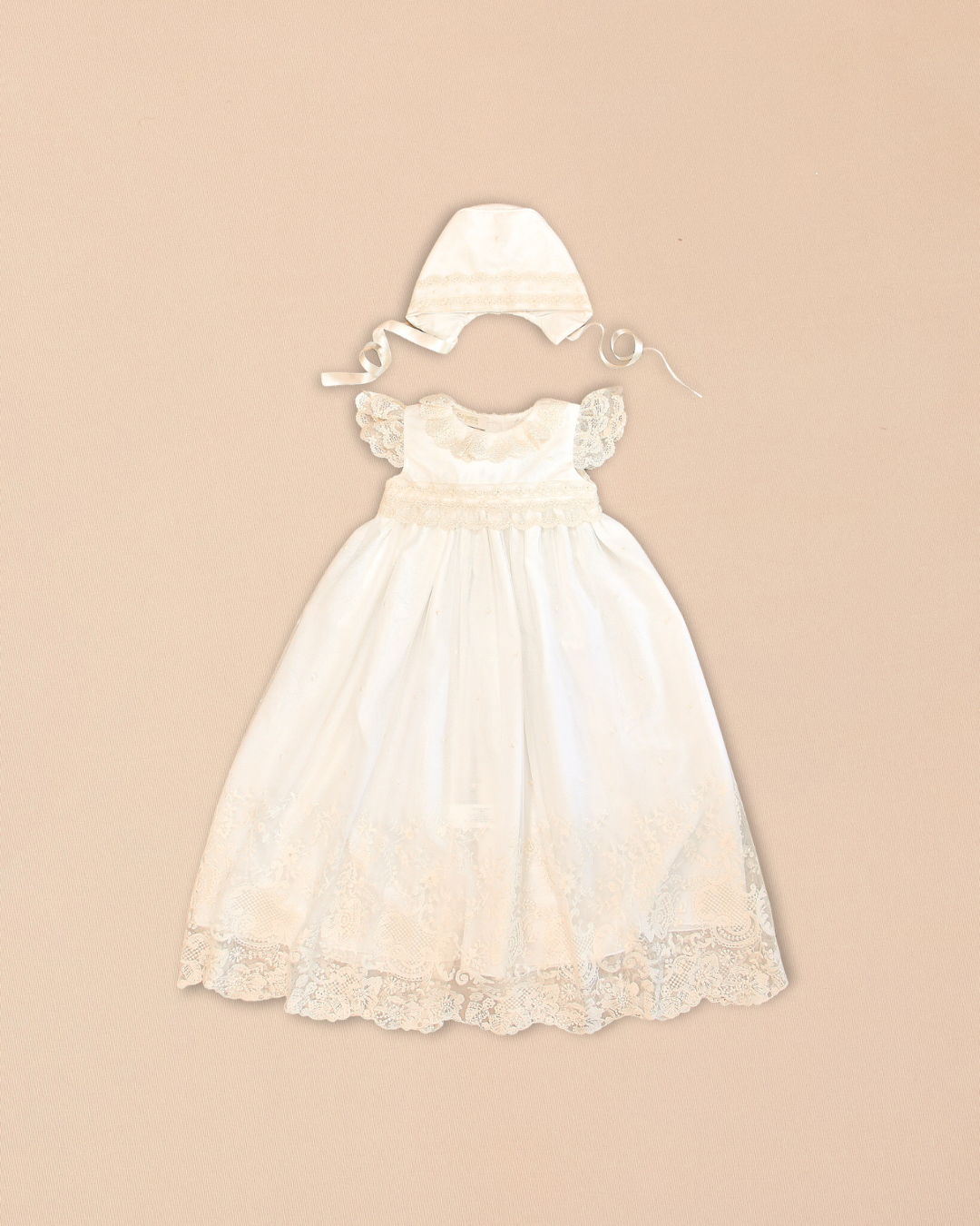 Diana Baptismal Set - Gown with Lace, Matching Bonnet & Burp Towel