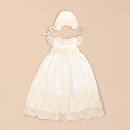 Diana Baptismal Set - Gown with Lace, Matching Bonnet & Burp Towel