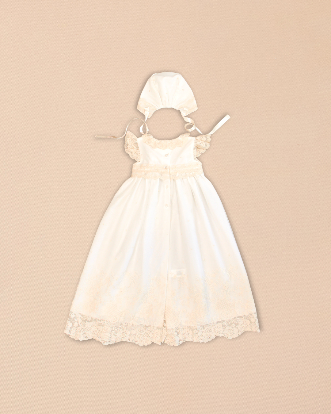 Diana Baptismal Set - Gown with Lace, Matching Bonnet & Burp Towel
