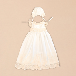 Diana Baptismal Set - Gown with Lace, Matching Bonnet & Burp Towel