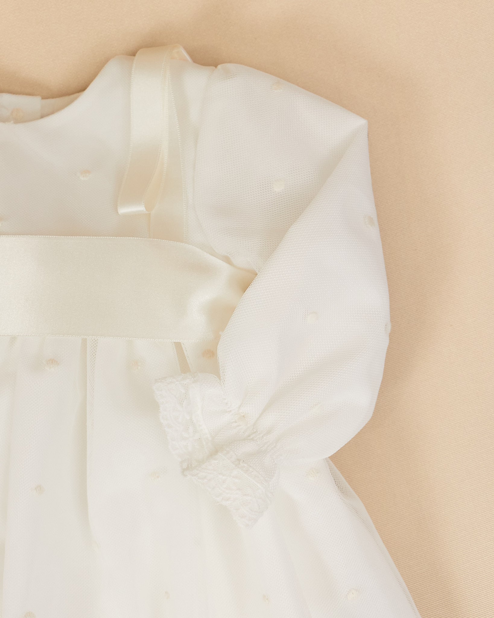 Leonor 2 Piece Baptismal Gown - Satin Ribbon, Lace Trim, Bonnet