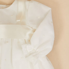 Leonor 2 Piece Baptismal Gown - Satin Ribbon, Lace Trim, Bonnet