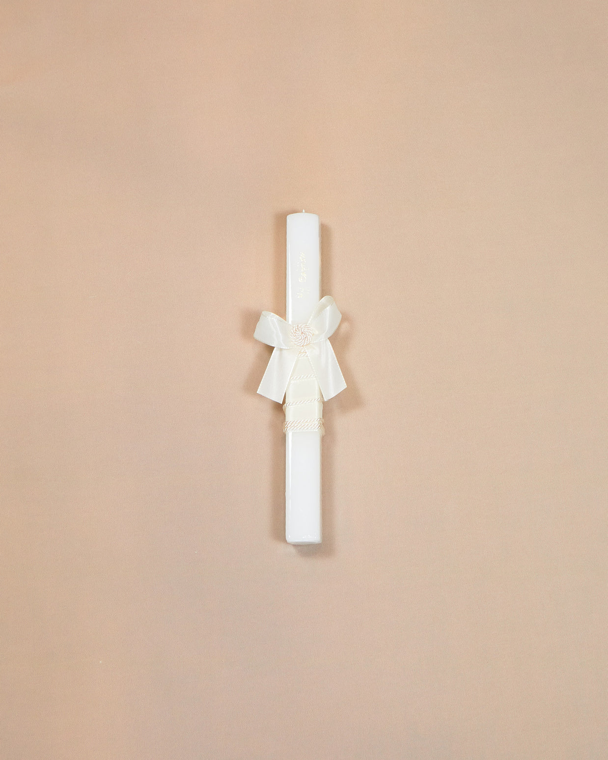 White Baptism Candle with Satin Bow & Woven Details