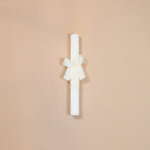 White Baptism Candle with Satin Bow & Woven Details