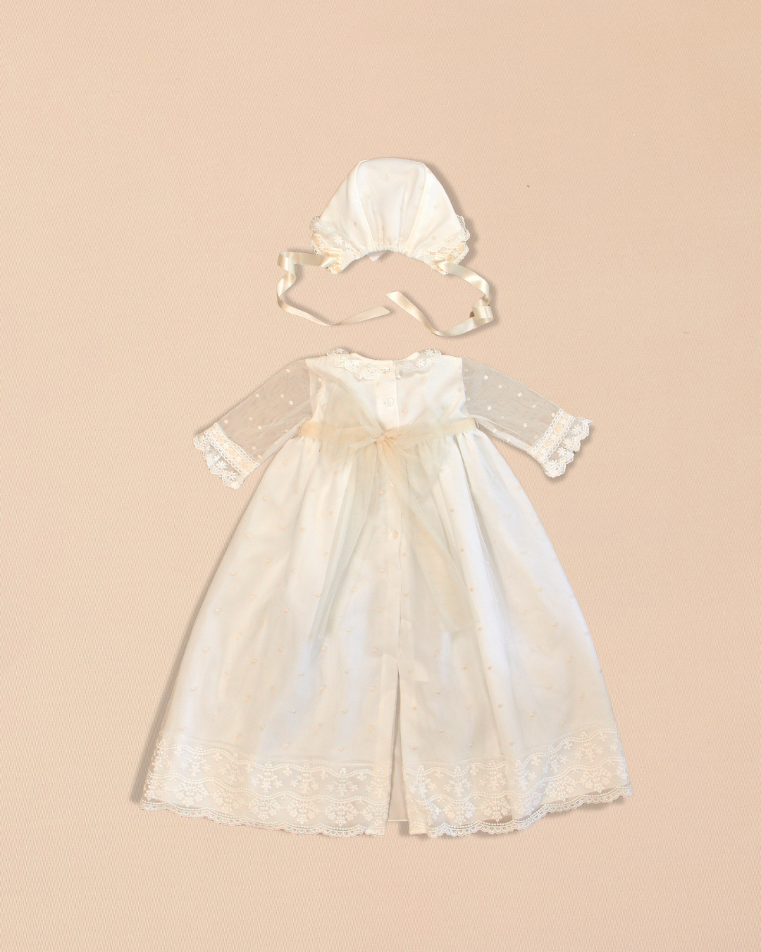 Catherine Baptismal Set – Embroidered Gown, Lace Bonnet & Burp Towel