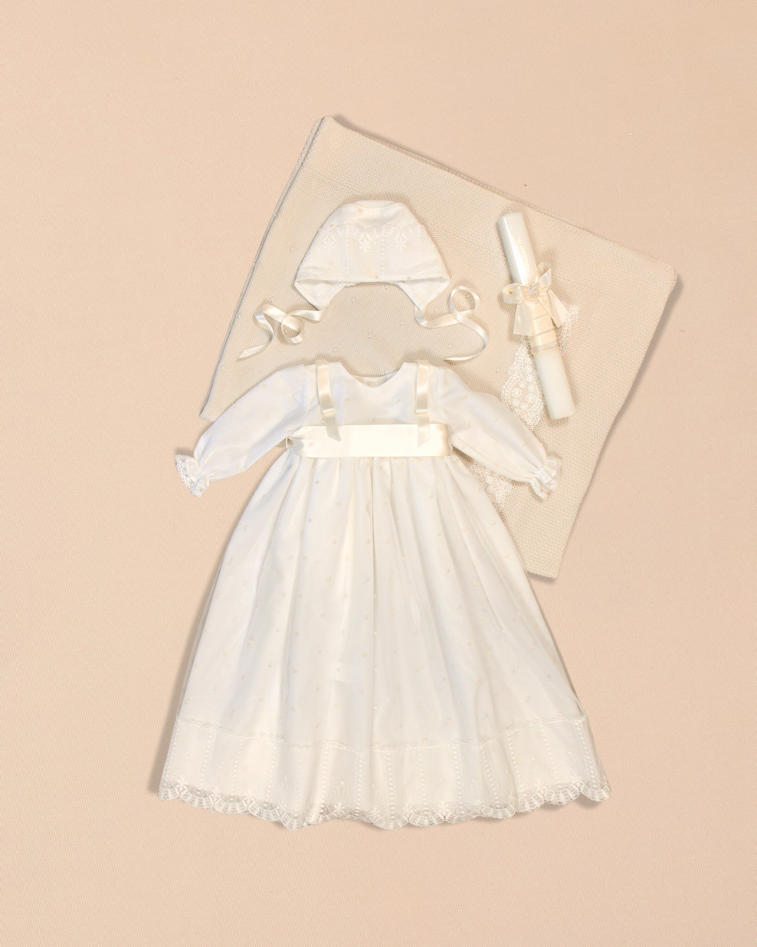 Leonor Baptismal Set - Gown with Satin Ribbon/Lace Trim, Bonnet, Blanket & Candle