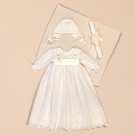 Leonor Baptismal Set - Gown with Satin Ribbon/Lace Trim, Bonnet, Blanket & Candle