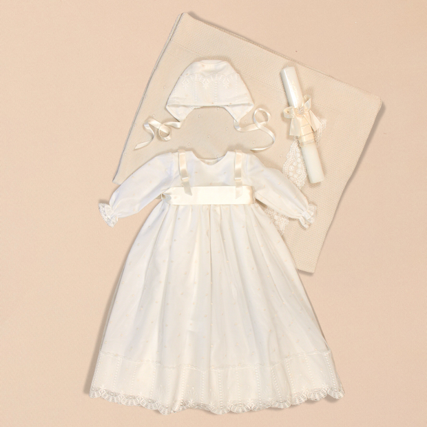 Leonor Baptismal Set - Gown with Satin Ribbon/Lace Trim, Bonnet, Blanket & Candle