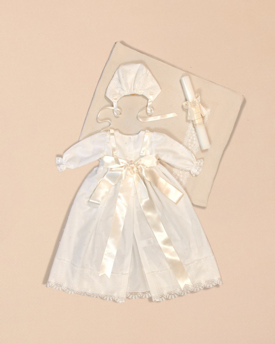 Leonor Baptismal Set - Gown with Satin Ribbon/Lace Trim, Bonnet, Blanket & Candle