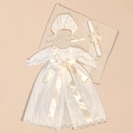 Leonor Baptismal Set - Gown with Satin Ribbon/Lace Trim, Bonnet, Blanket & Candle