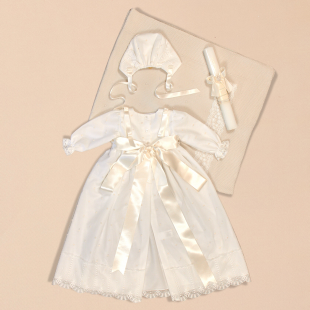 Leonor Baptismal Set - Gown with Satin Ribbon/Lace Trim, Bonnet, Blanket & Candle