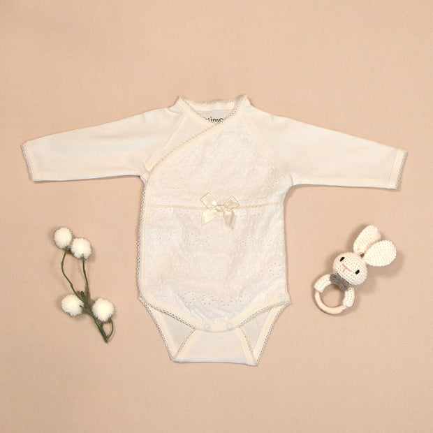 Eyelet Bodysuit with Lace Embroidery & Satin Bow