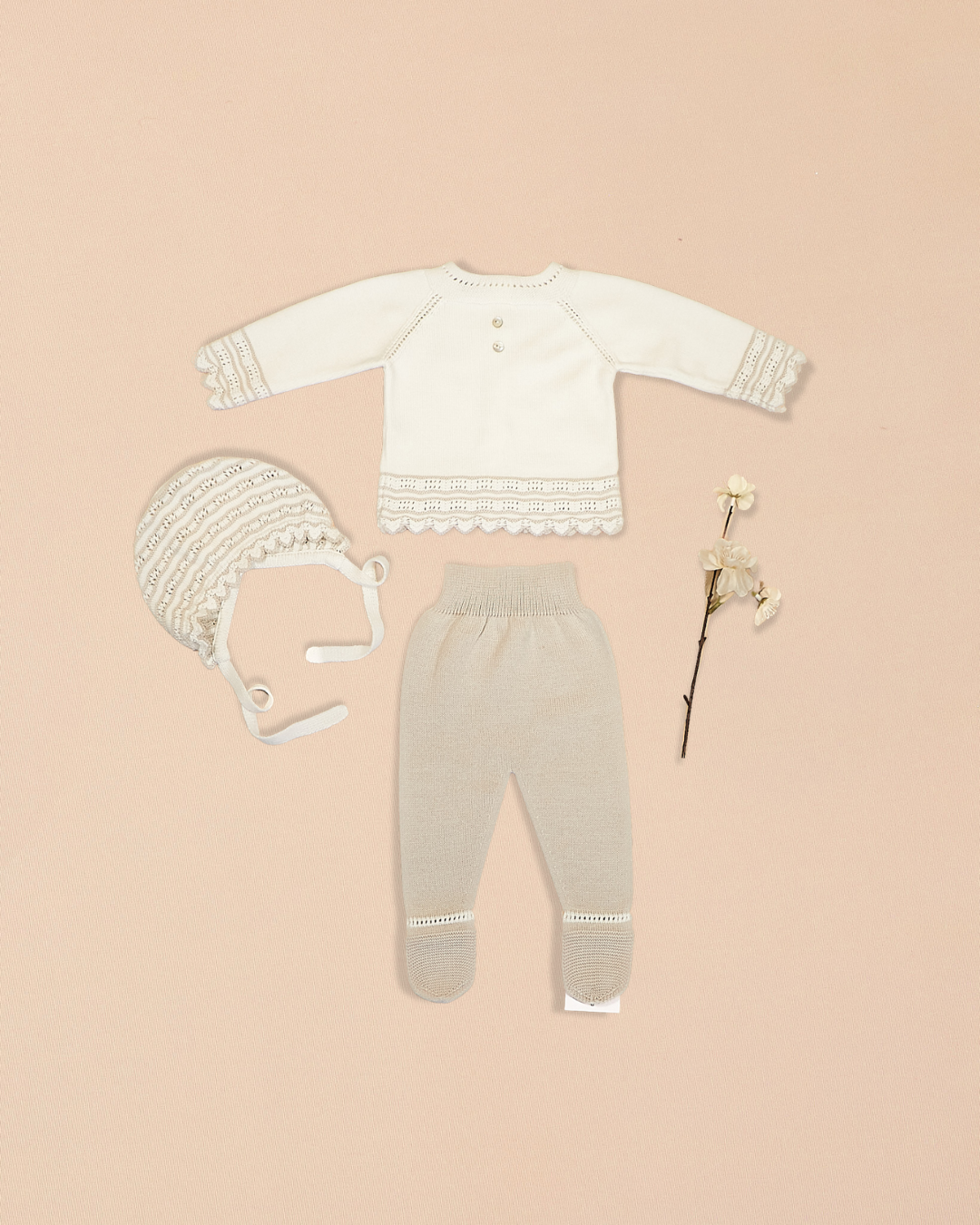 Taupe 3 Piece Set – Cardigan with Footed Pants & Bonnet