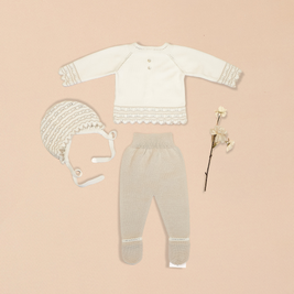 Taupe 3 Piece Set – Cardigan with Footed Pants & Bonnet