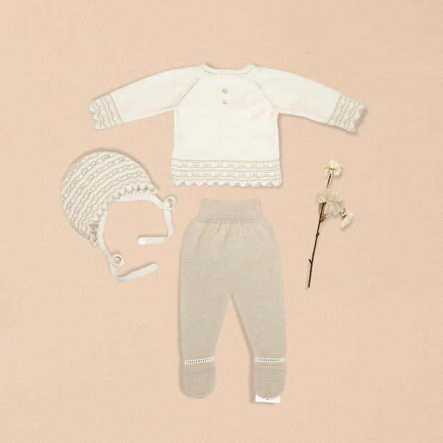 Taupe 3 Piece Set – Cardigan with Footed Pants & Bonnet