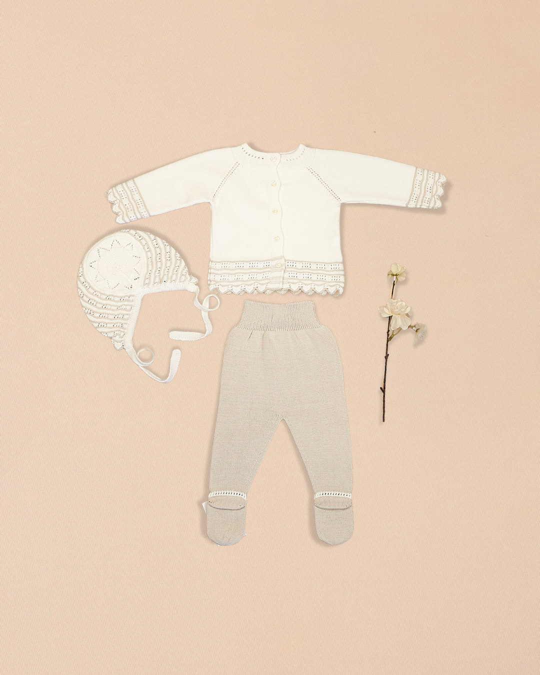 Taupe 3 Piece Set – Cardigan with Footed Pants & Bonnet