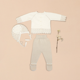 Taupe 3 Piece Set – Cardigan with Footed Pants & Bonnet