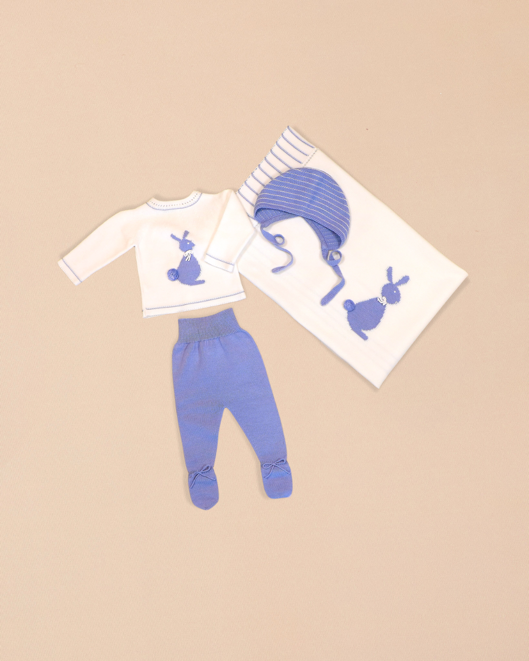 Frost 4 Piece Set – Bunny Motif, Footed Pants, Bonnet & Blanket