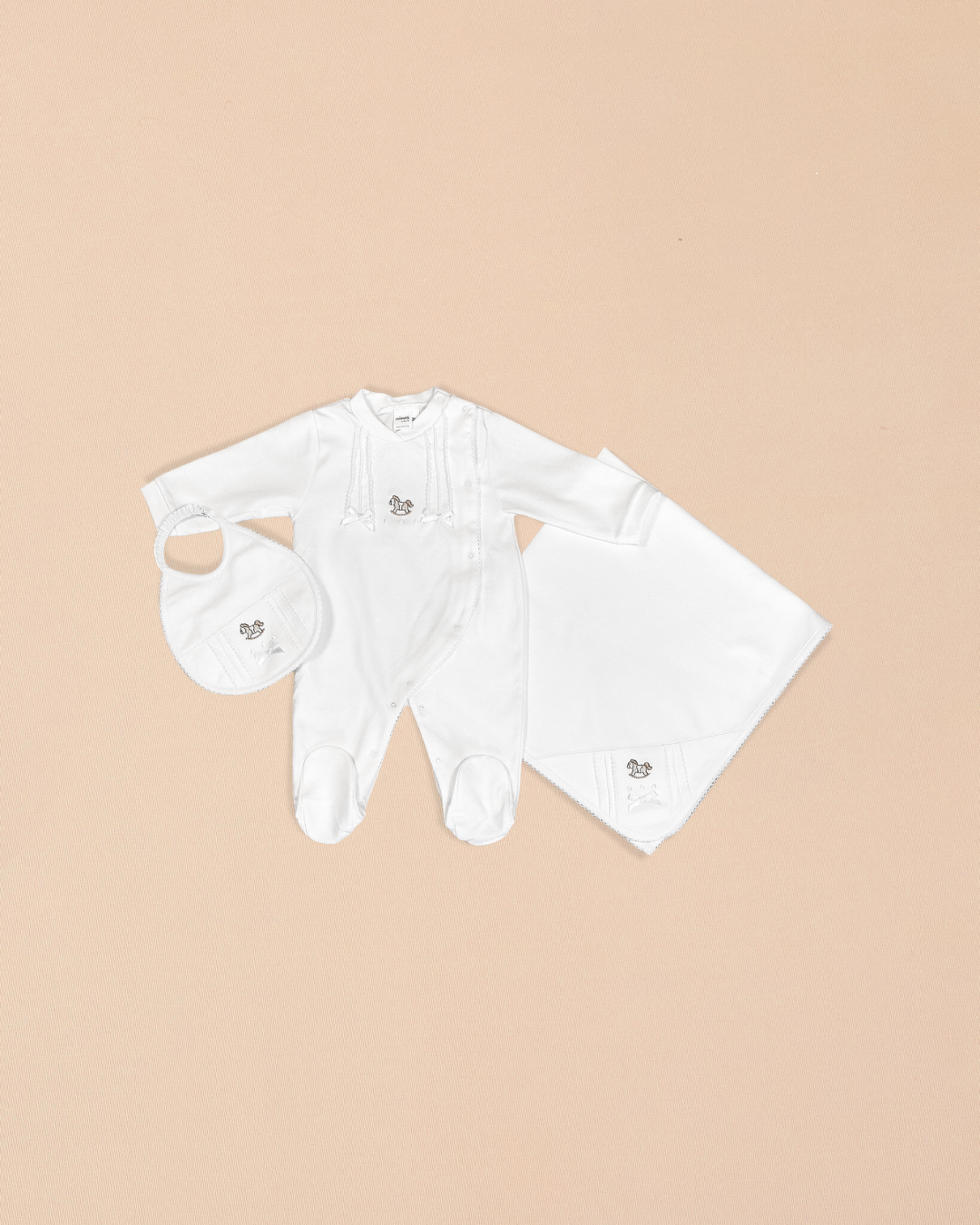 Rocking Horse 3 Piece Onesie, Matching Bib & Blanket