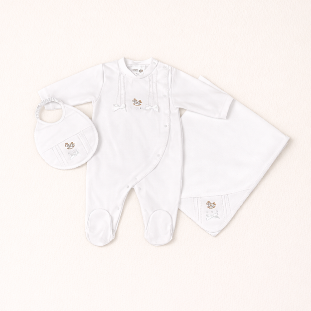 Rocking Horse 3 Piece Onesie, Matching Bib & Blanket