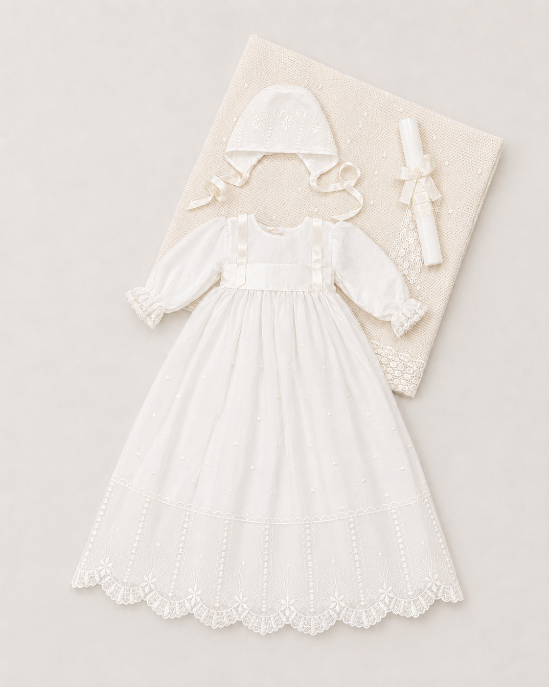 Leonor Baptismal Set - Gown with Satin Ribbon/Lace Trim, Bonnet, Blanket & Candle