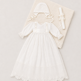 Leonor Baptismal Set - Gown with Satin Ribbon/Lace Trim, Bonnet, Blanket & Candle