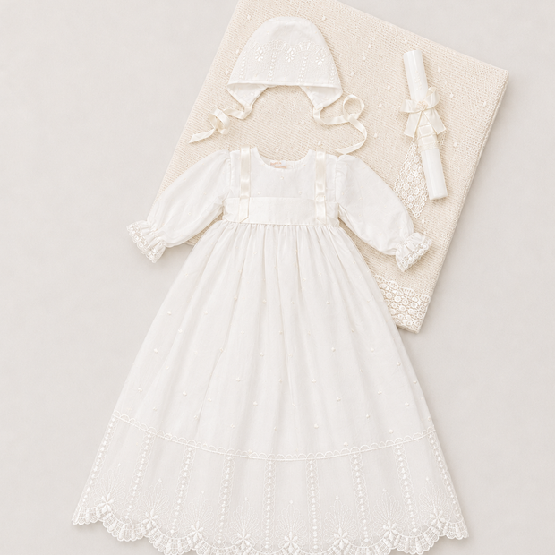 Leonor Baptismal Set - Gown with Satin Ribbon/Lace Trim, Bonnet, Blanket & Candle