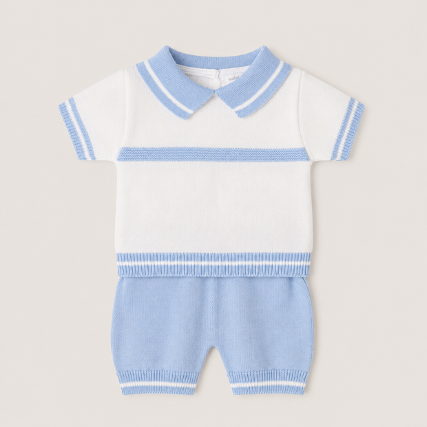 Blue and white knit polo short set