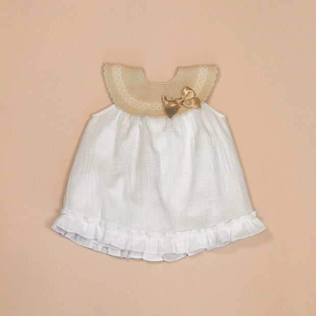 Maria Dress with Yoke & Satin Bow – Knit Booties