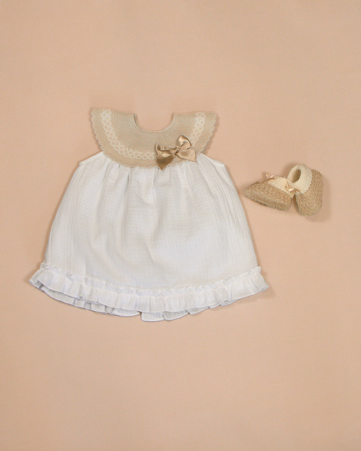 Maria Dress with Yoke & Satin Bow – Knit Booties