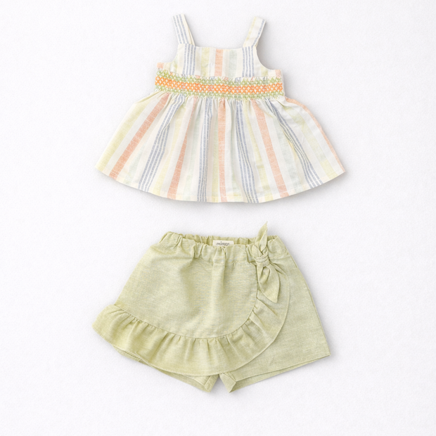 Stripe Smocked Top & Sage Ruffle Skort Set
