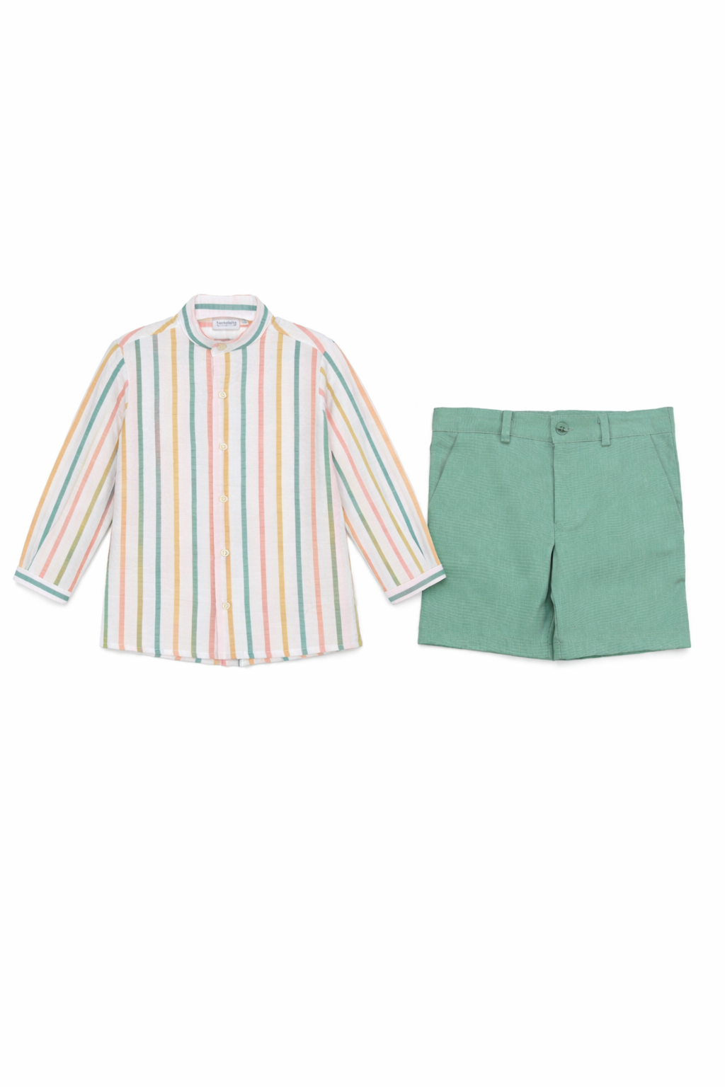 Boys Striped Cotton Shirt & Green Shorts Set