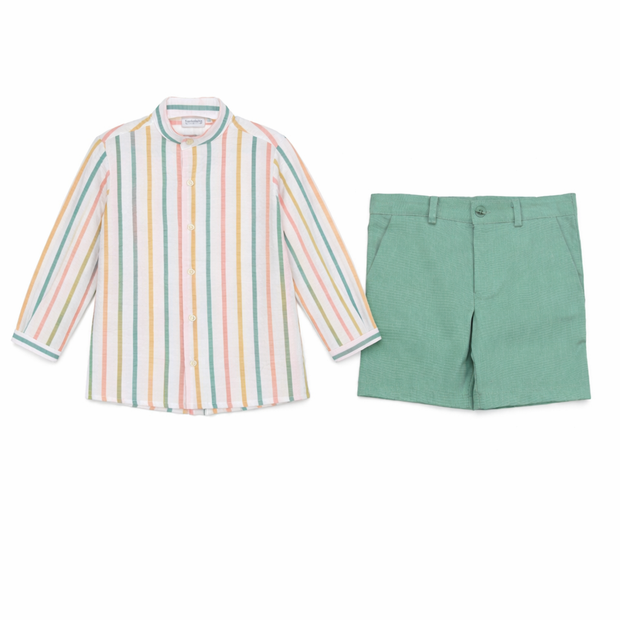 Boys Striped Cotton Shirt & Green Shorts Set