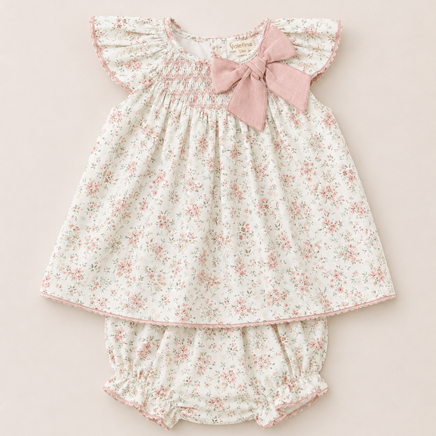 Floral Dress Set with Pink Bow and Matching Bloomers