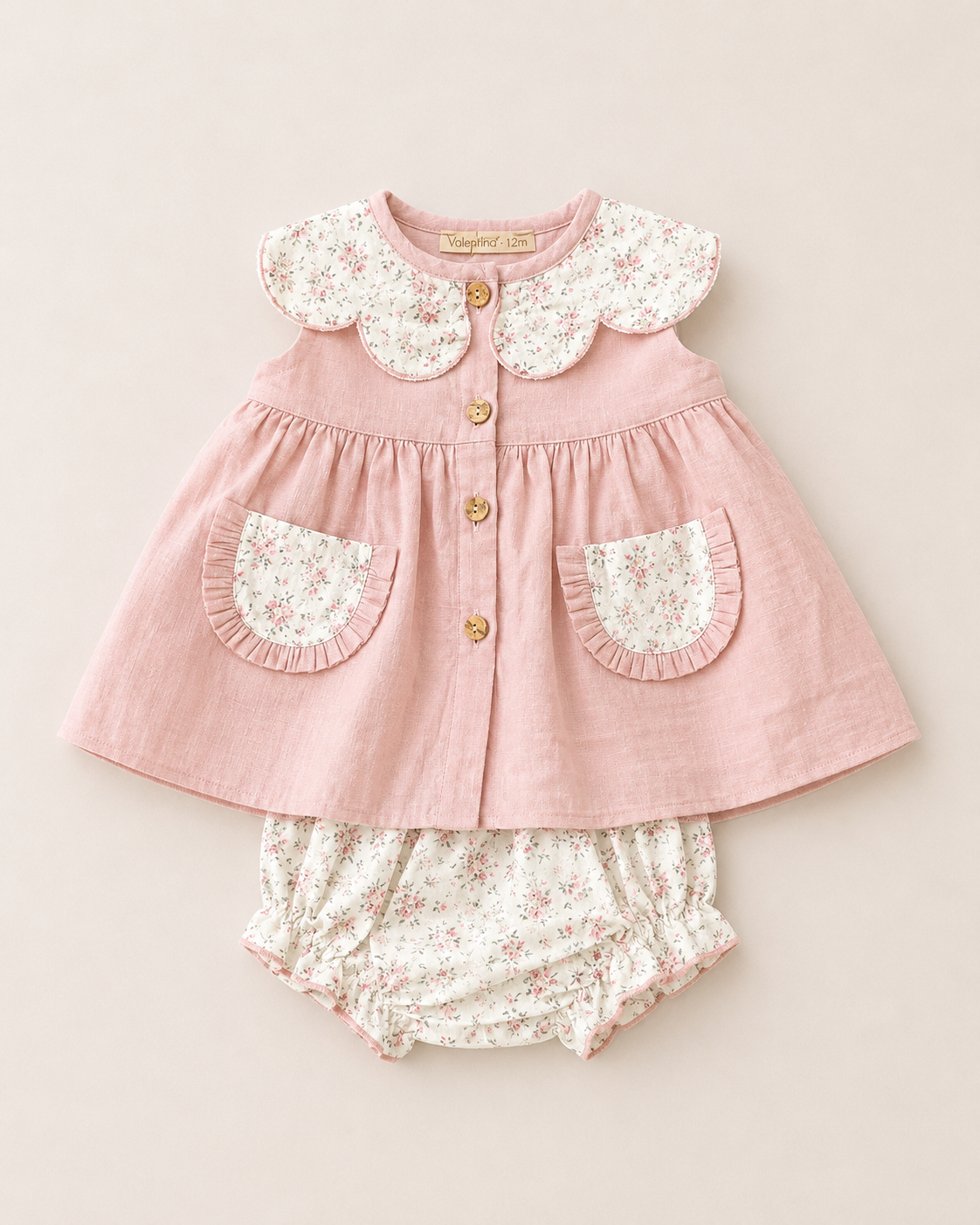 Fall Dress Set with Floral Collar, Pockets & Matching Bloomers