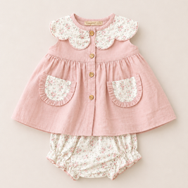 Fall Dress Set with Floral Collar, Pockets & Matching Bloomers