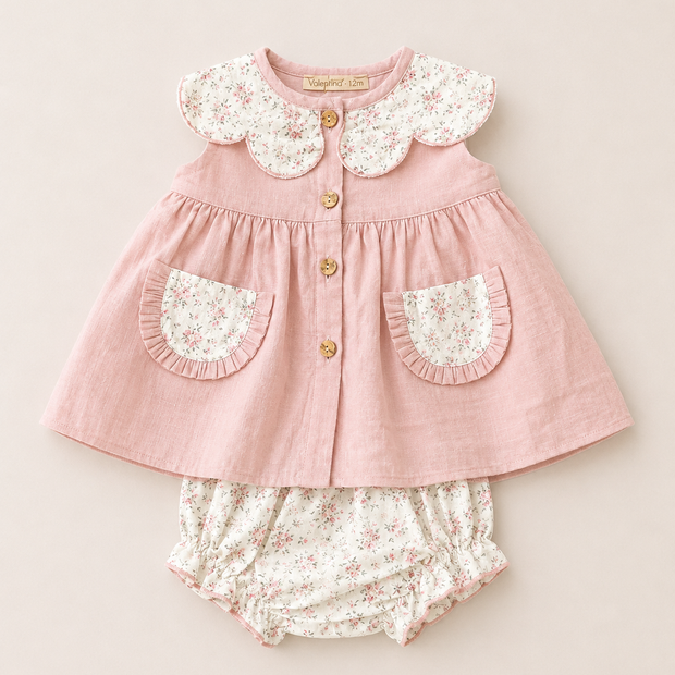 Fall Dress Set with Floral Collar, Pockets & Matching Bloomers