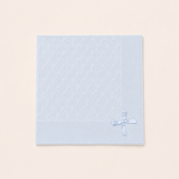Blue Knit Baby Blanket with Satin Bow