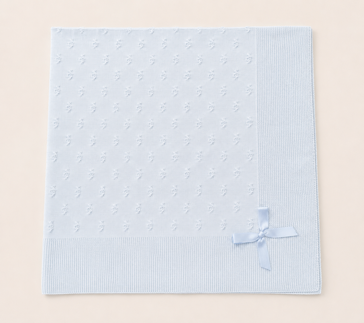 Blue Knit Baby Blanket with Satin Bow