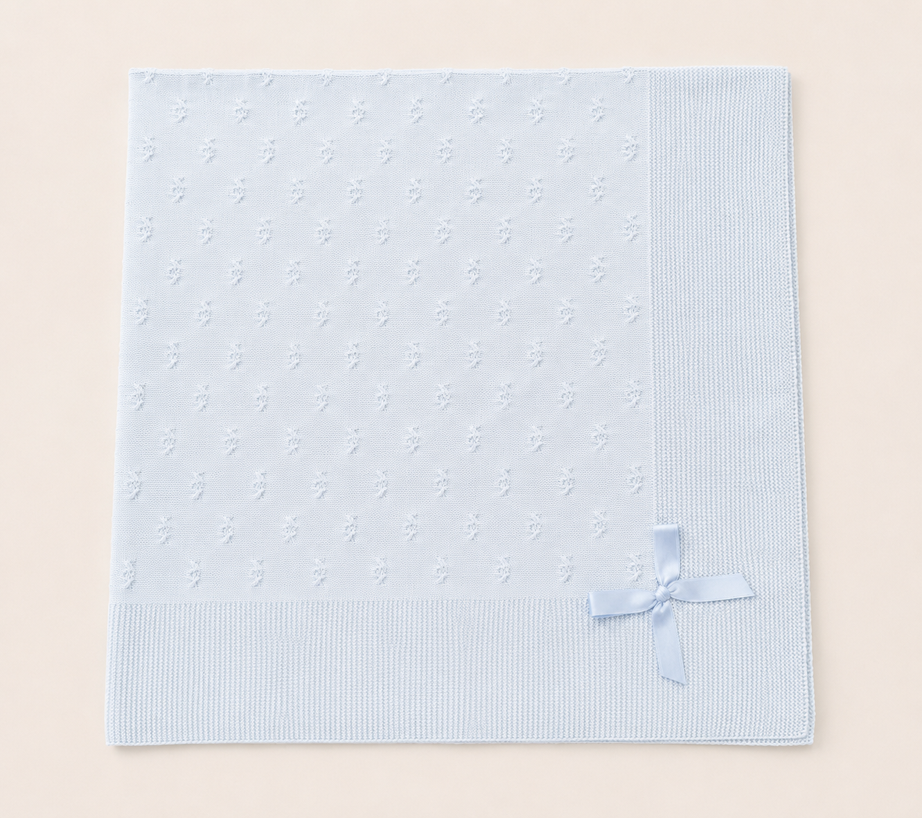 Blue Knit Baby Blanket with Satin Bow
