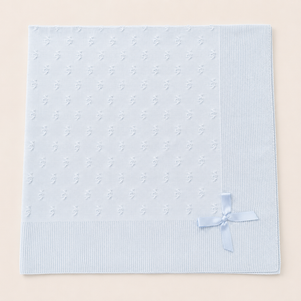Blue Knit Baby Blanket with Satin Bow